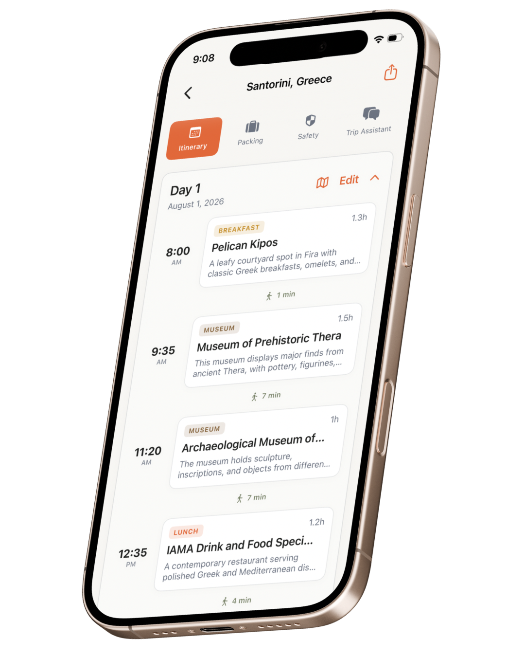 Trekvana iOS app showing a Santorini, Greece trip itinerary